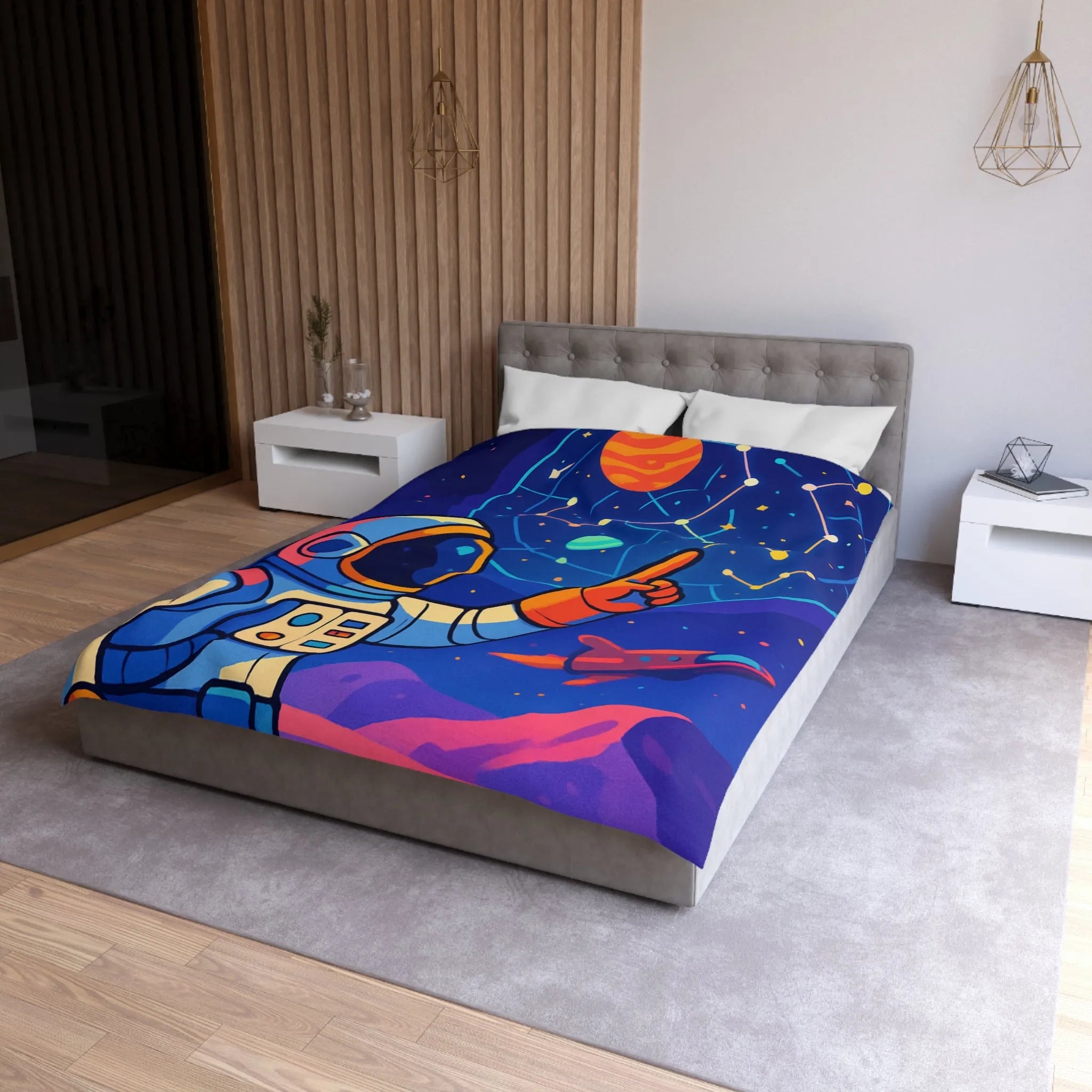 Housse de couette cosmos coloré avec astronaute, planète et carte des étoiles