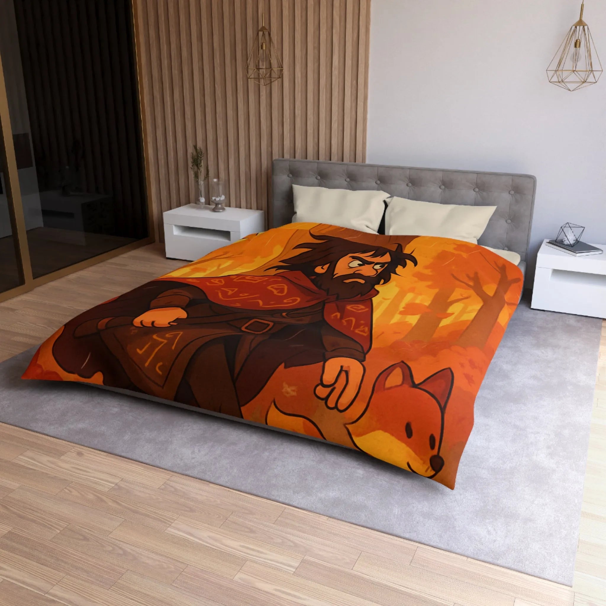 Housse de Couette Artistique avec Forêt Mystique d'Automne, Homme Barbu et Animaux Joyeux