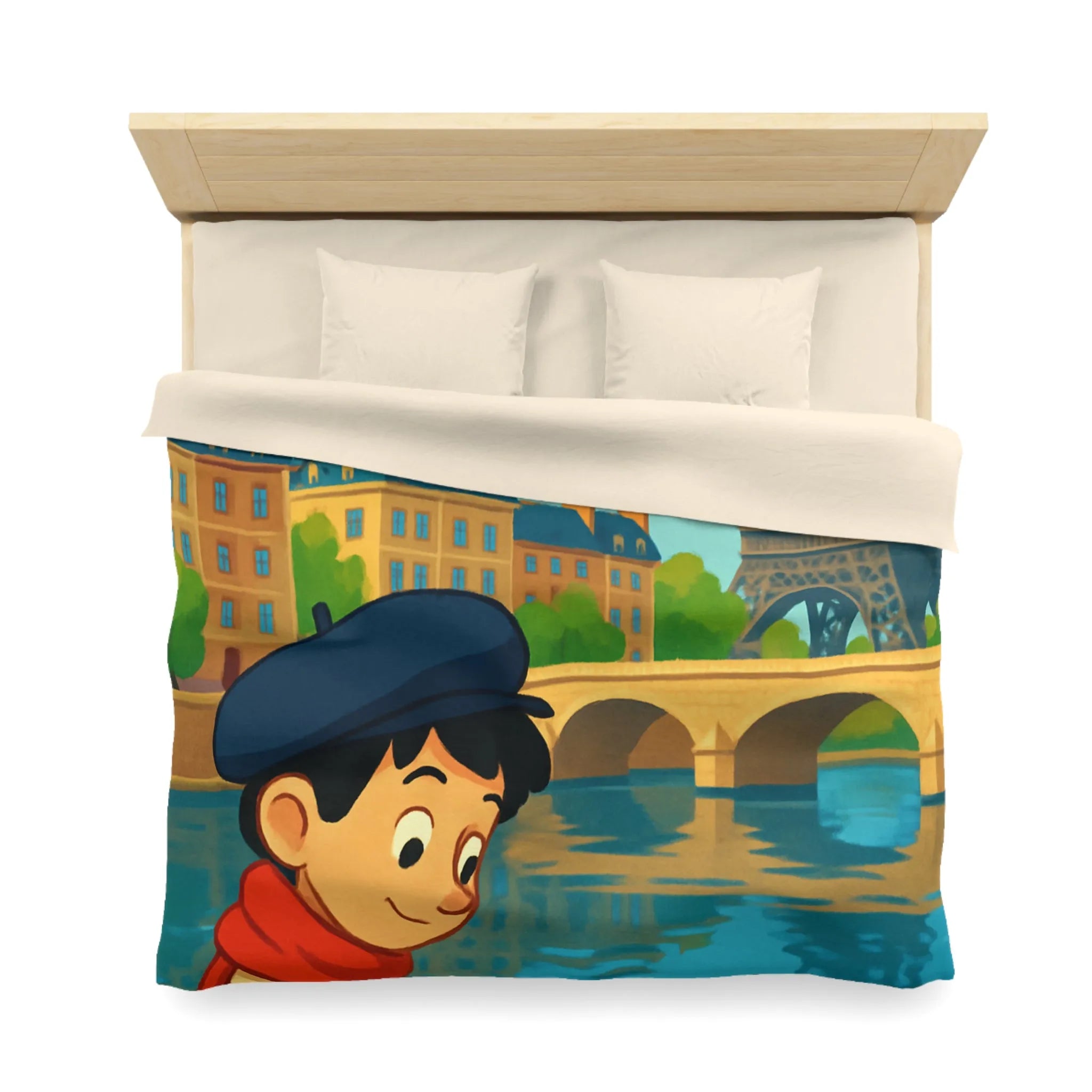 Housse de Couette Artistique Parisienne avec Enfant et Tour Eiffel au Printemps