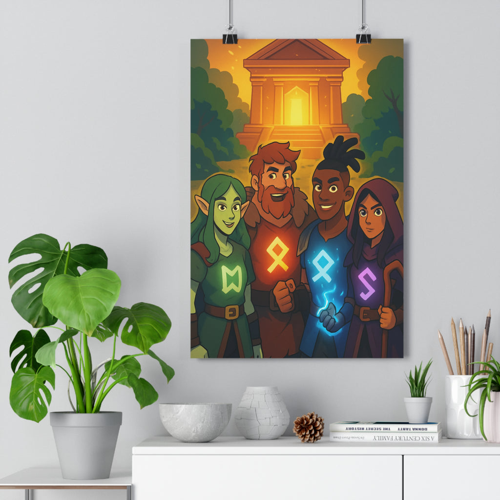Poster décoratif mystique aventure couleurs vives fantastique temple lumineux ambiance coloré symbole personnages design