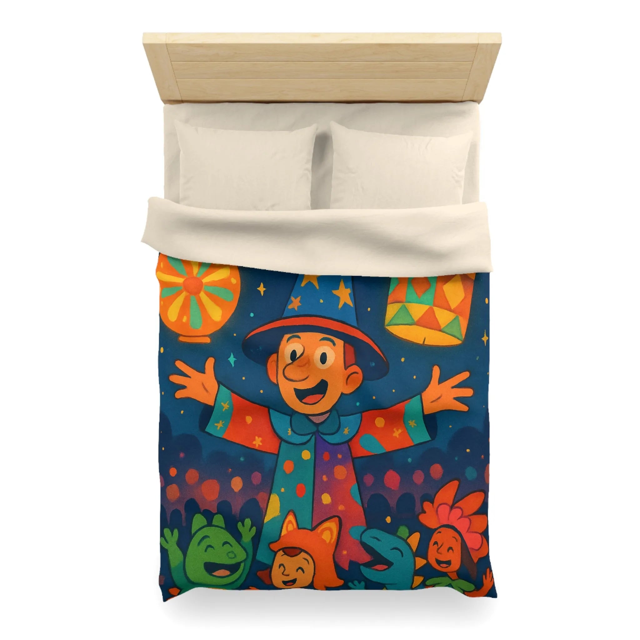 Housse de couette enfant au design magique de lanternes colorées et personnages joyeux