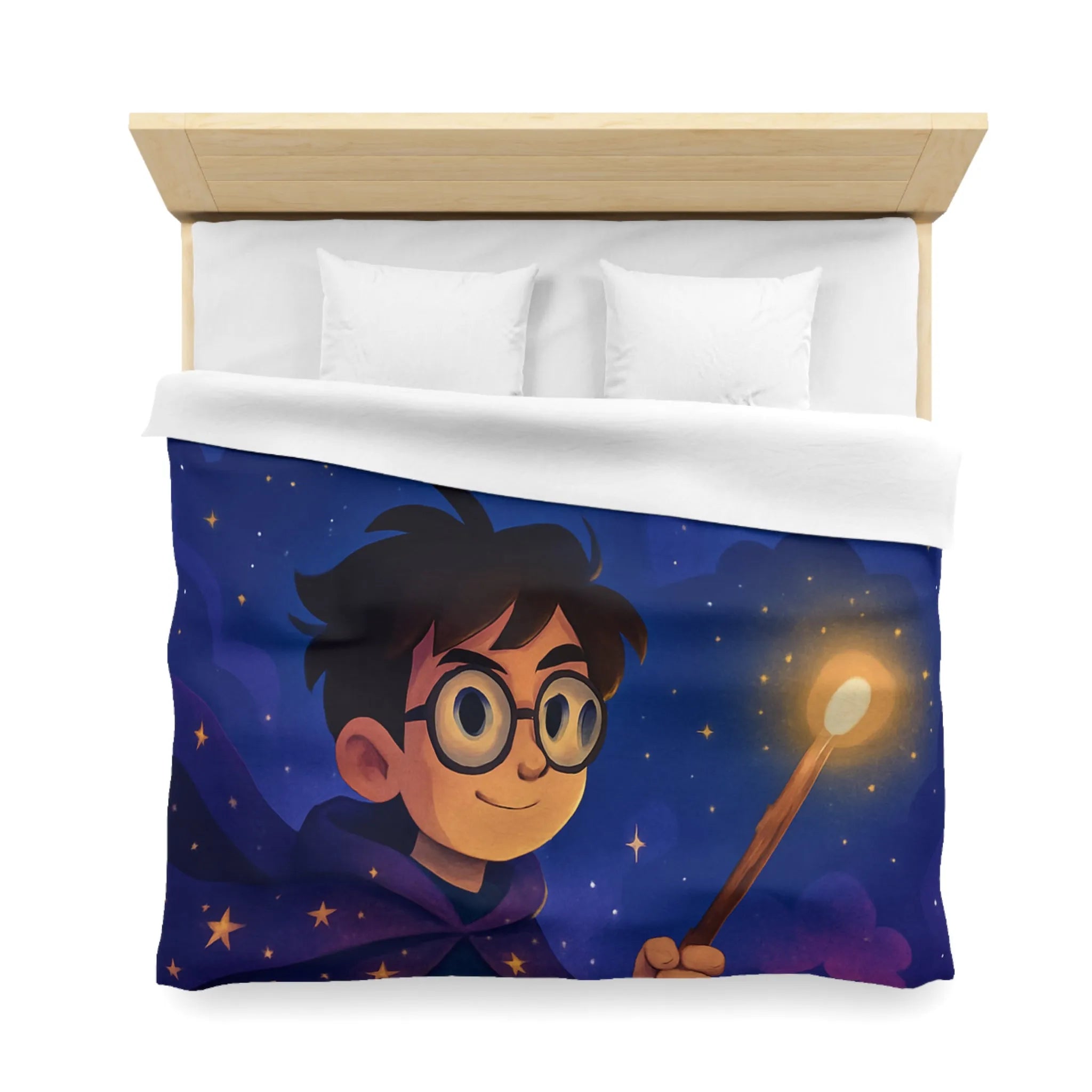 Housse de couette magique bleu nuit avec château, hibou et train enchanté