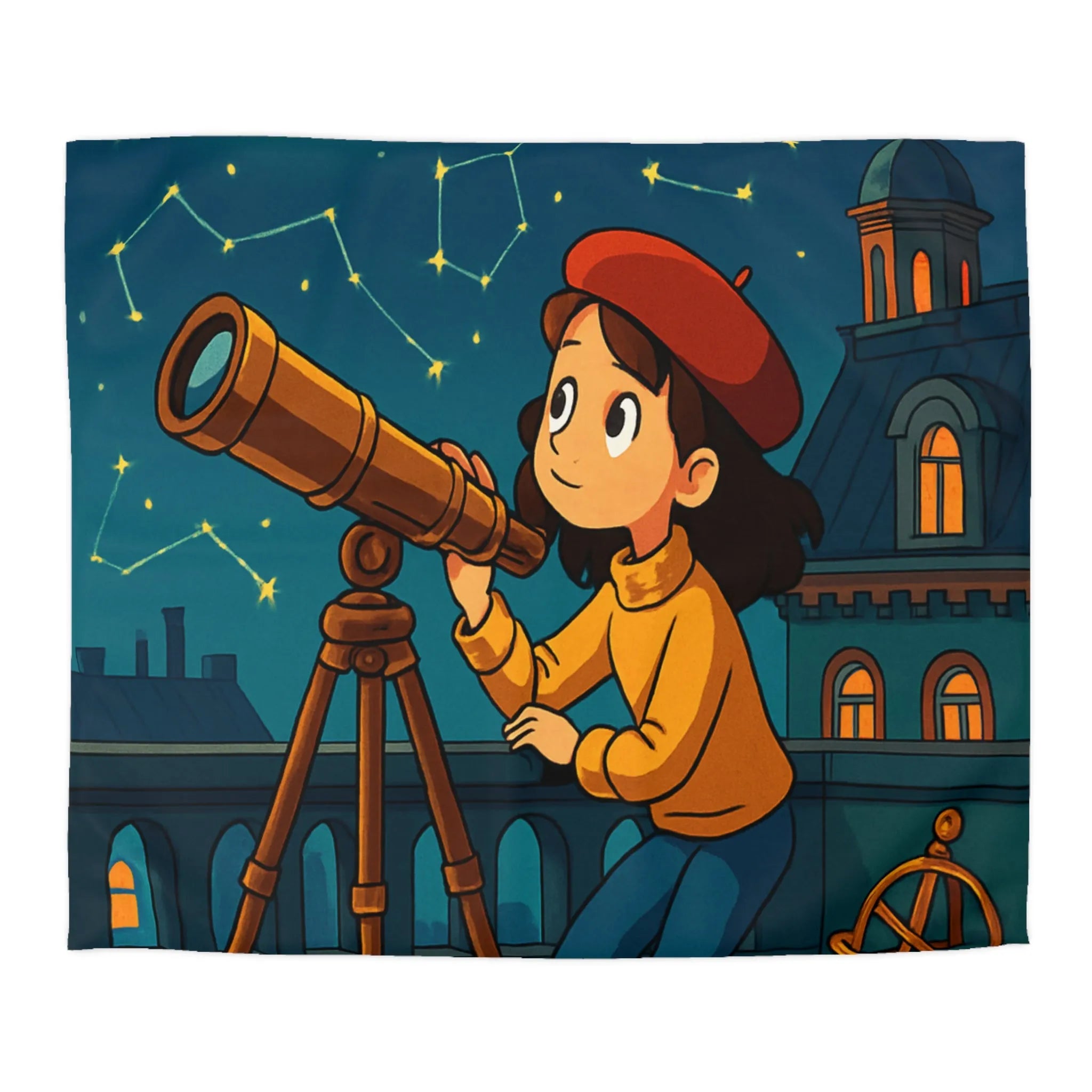 Housse de Couette Enfant Astronome avec Télescope, Ciel Étoilé Magique et Constellations