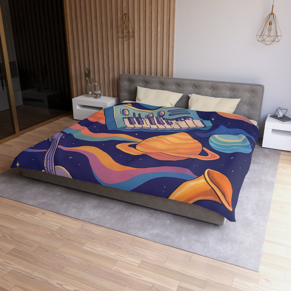 Housse de couette musicale colorée avec espace et instruments dans un univers imaginaire