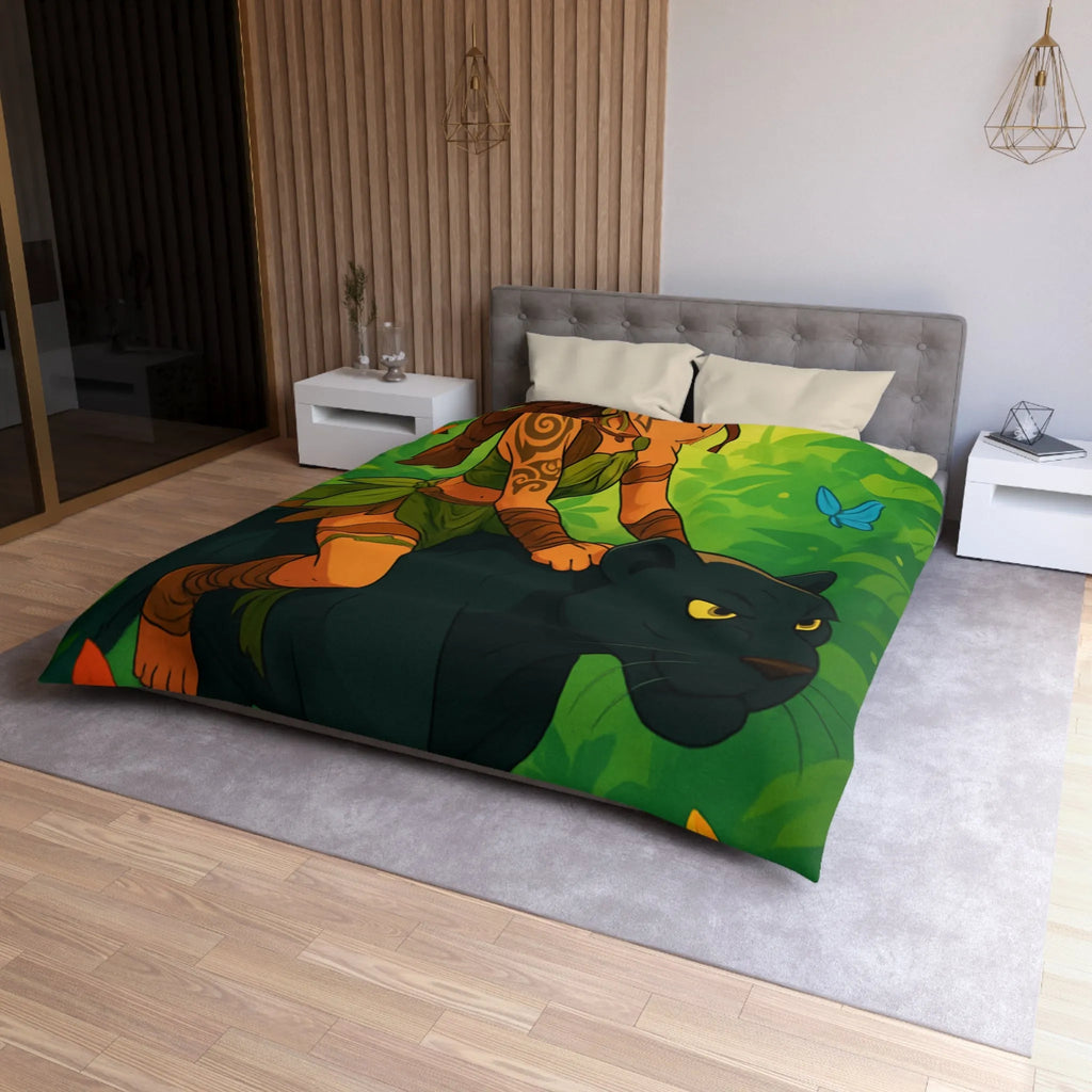 Housse de couette jungle avec fille guerrière et panthère noire pour chambre colorée