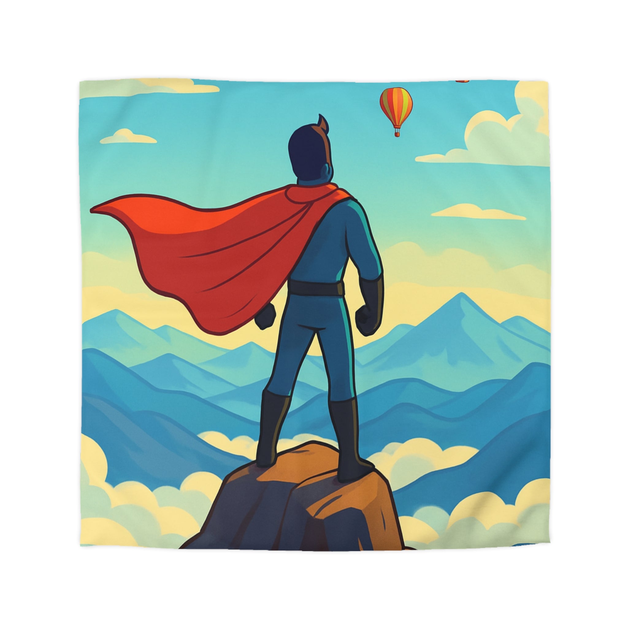 Housse de couette super-héros face montagne montgolfières colorées ciel bleu rêve