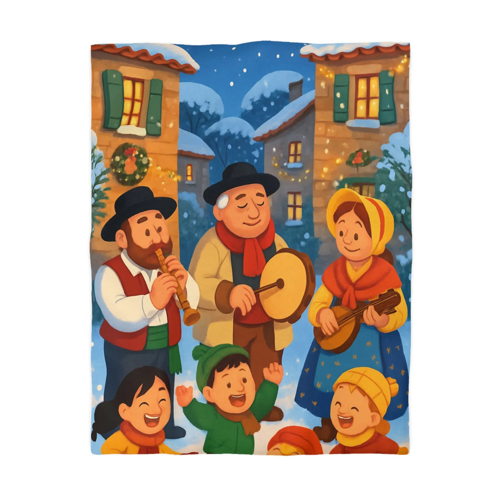 Housse de couette festive avec village enneigé et musiciens pendant l’hiver joyeux