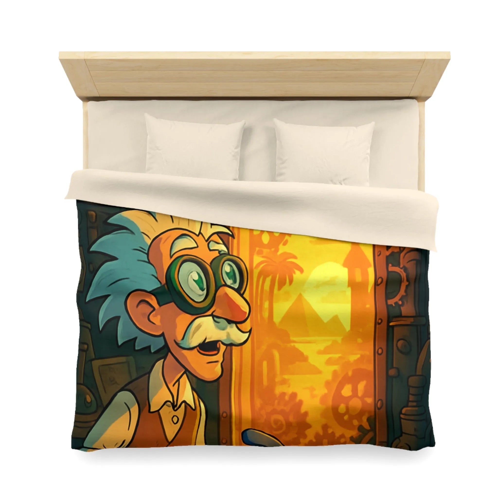 Housse de couette avec professeur inventeur et porte mystérieuse aux teintes orangées
