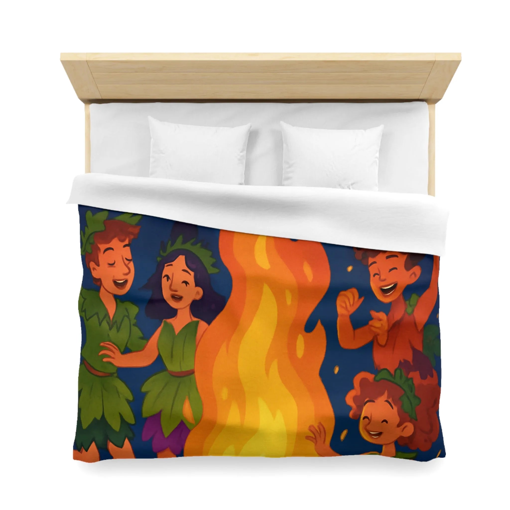 Housse de couette joyeuse autour d'un feu de camp avec enfants et raisins dansants