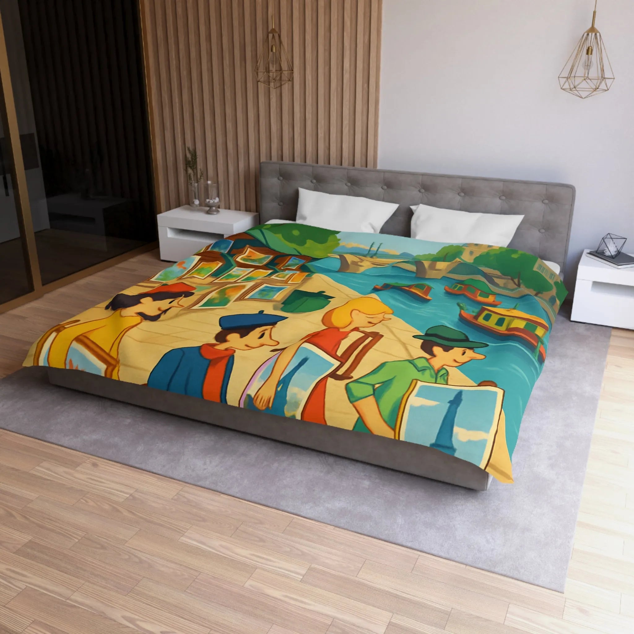 Housse de couette artistique thème parisien avec scènes de quai colorées et peintres joyeux