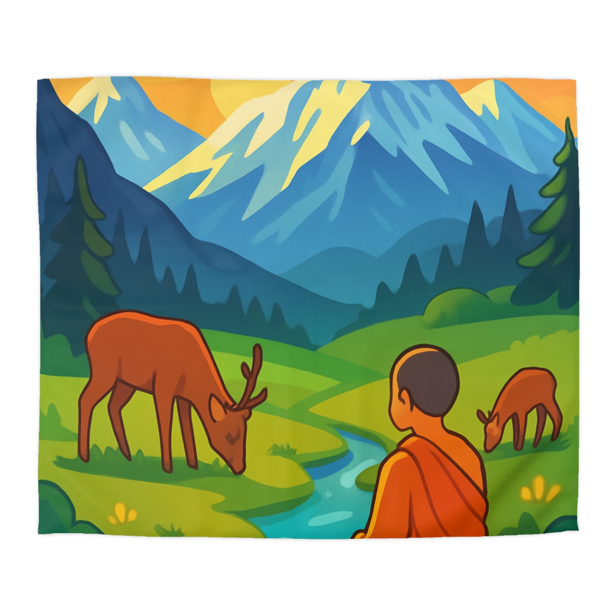 Housse de couette zen avec paysage montagneux, moine, cerfs et rivière tranquille