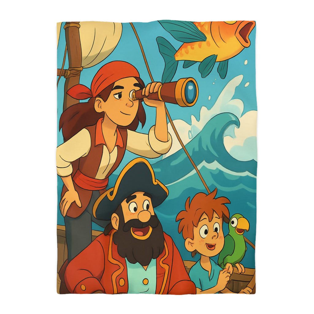 Housse de couette pirate avec poisson doré et personnages aventuriers sur l'océan
