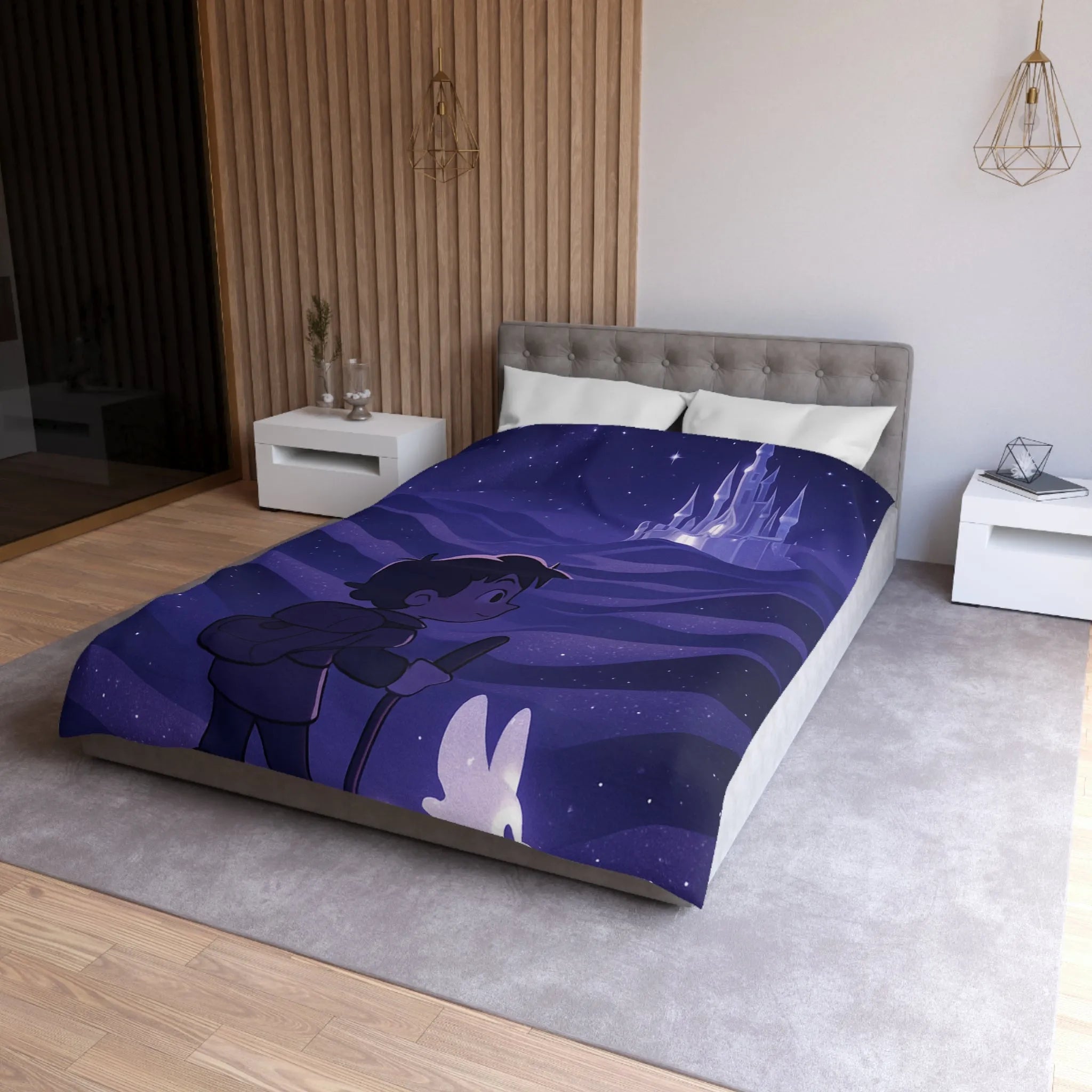 Housse de couette magique avec château céleste et promeneur nocturne scintillant