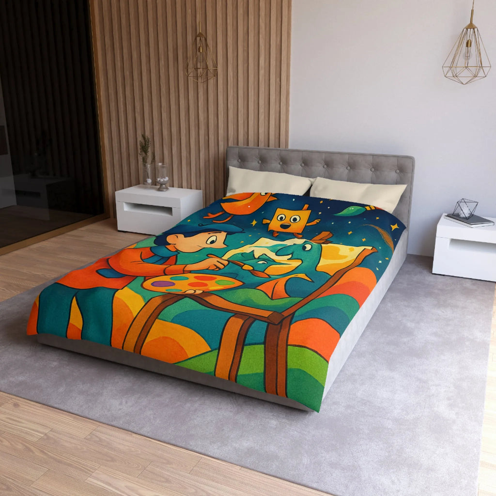 Housse de couette artistique colorée avec peintre et créatures fantaisistes en arrière-plan étoilé