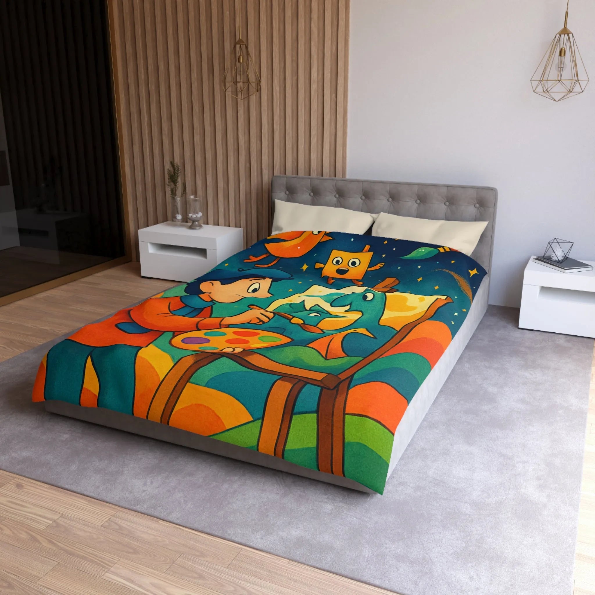 Housse de couette artistique colorée avec peintre et créatures fantaisistes en arrière-plan étoilé