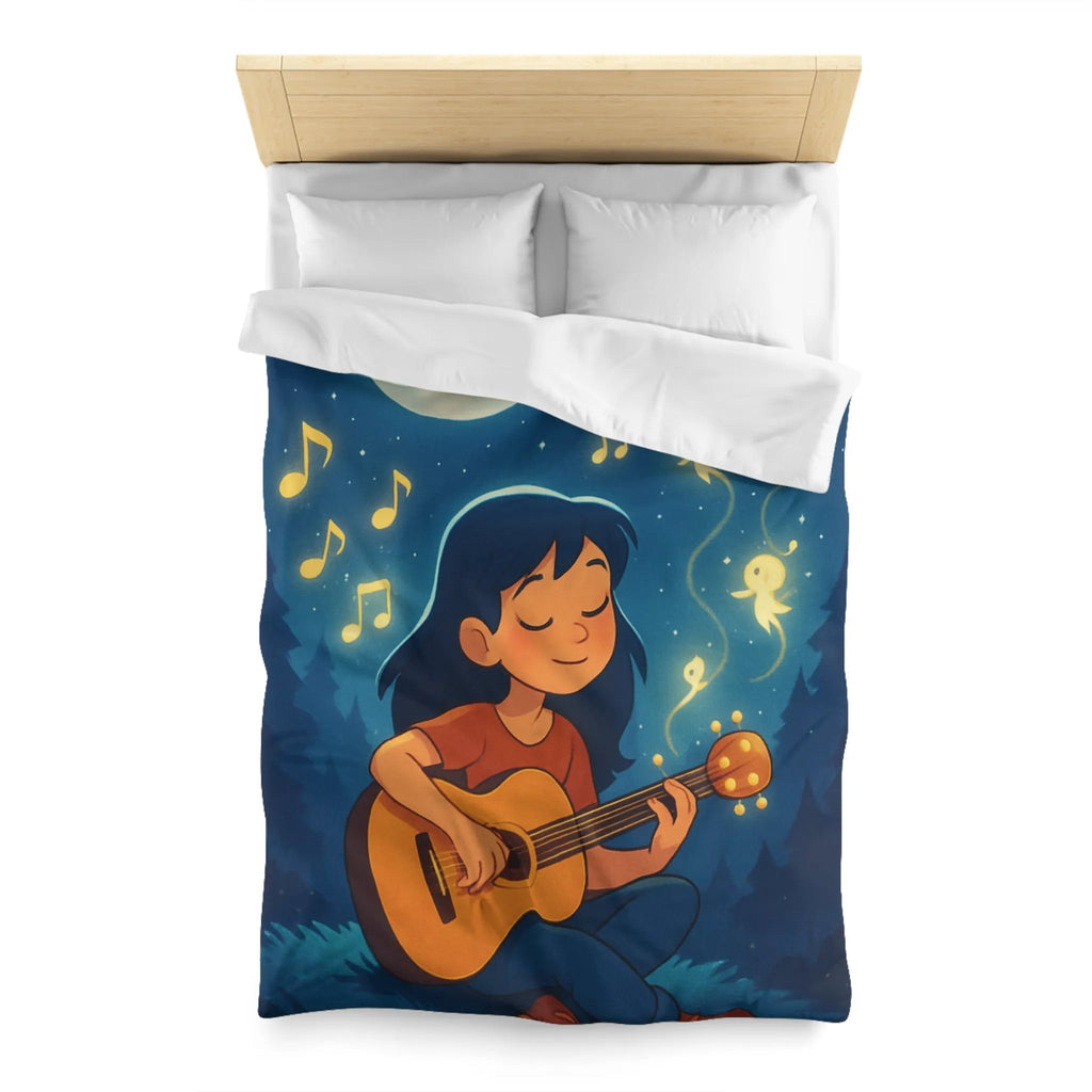 Housse de couette enchantée avec enfant jouant de la guitare sous la pleine lune