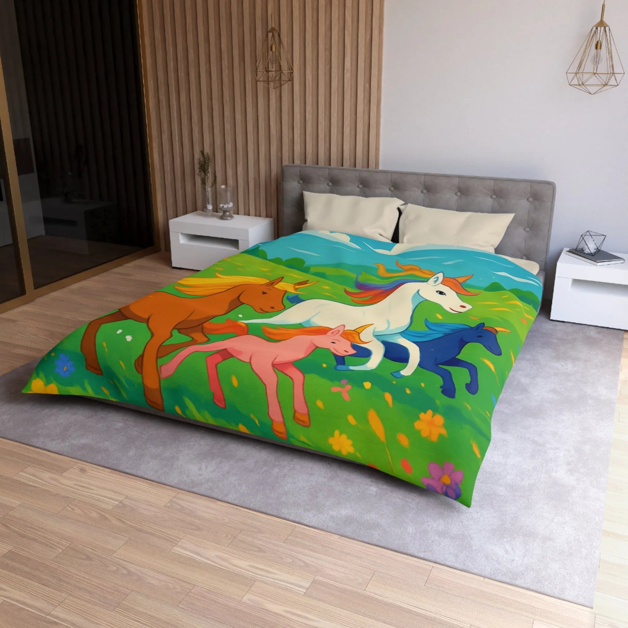 Housse de couette colorée avec prairies luxuriantes et chevaux arc-en-ciel en galop