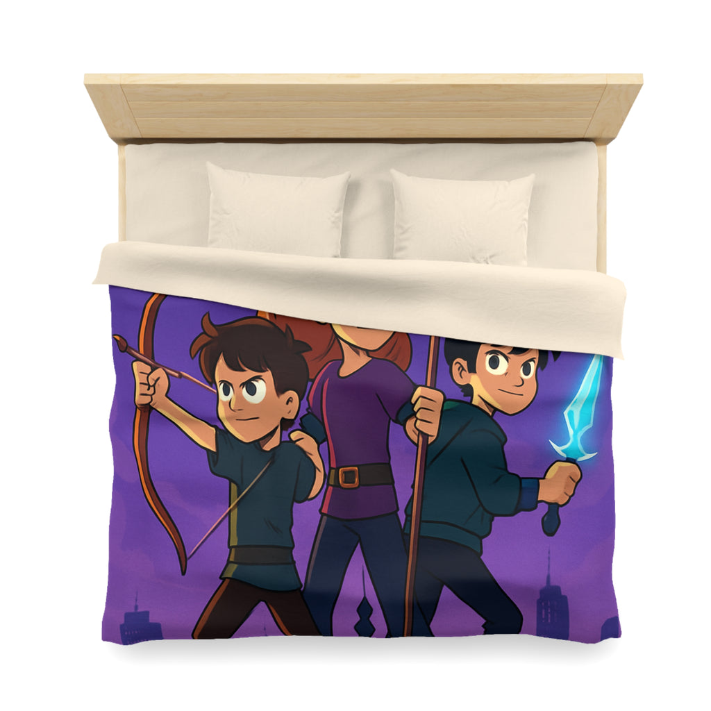 Housse de couette urbaine illustrée, ambiance aventure mystique avec enfants et armes