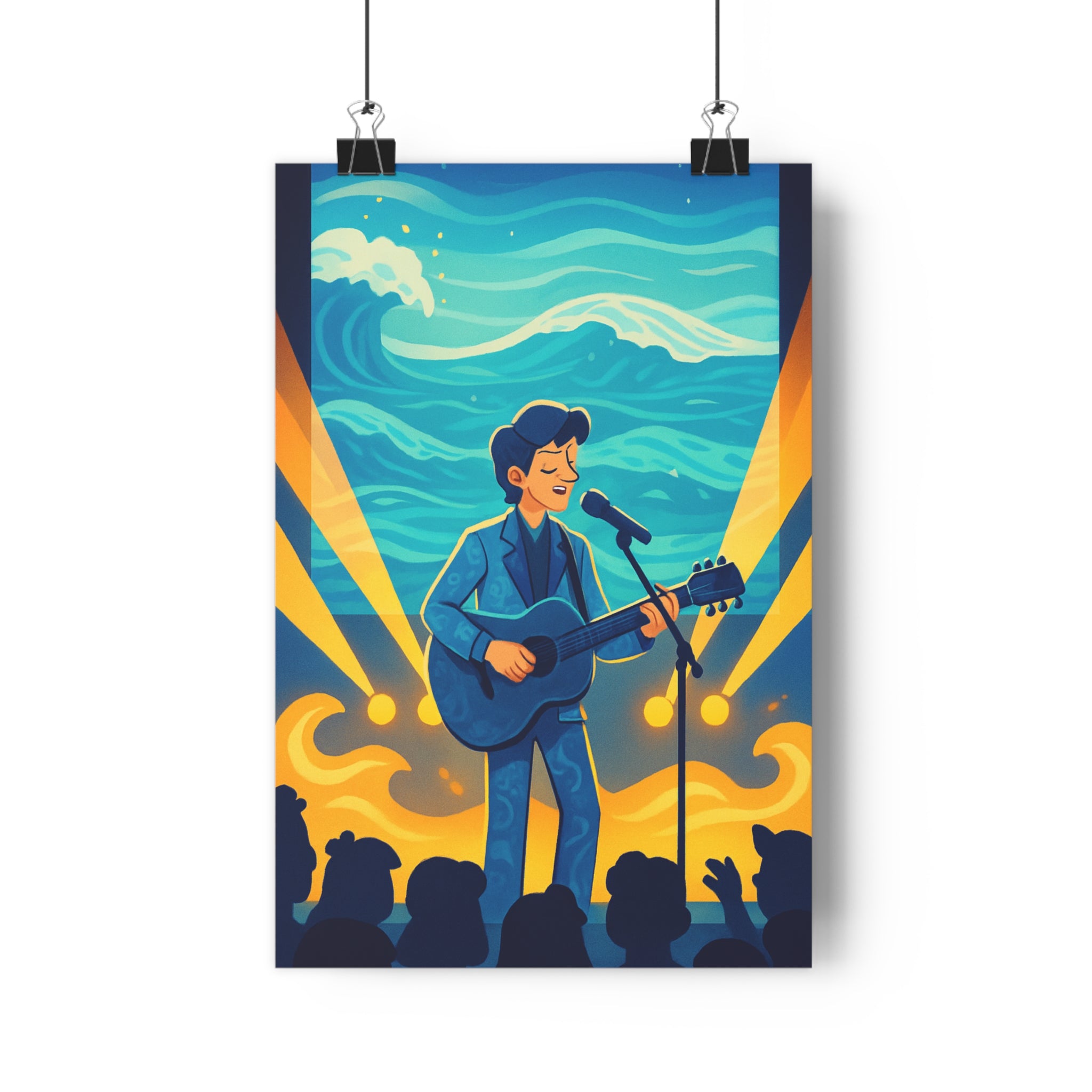 Poster décoratif musical bleu argenté moderne ambiance concert salon chambre vibrant 30x46 cm artistique