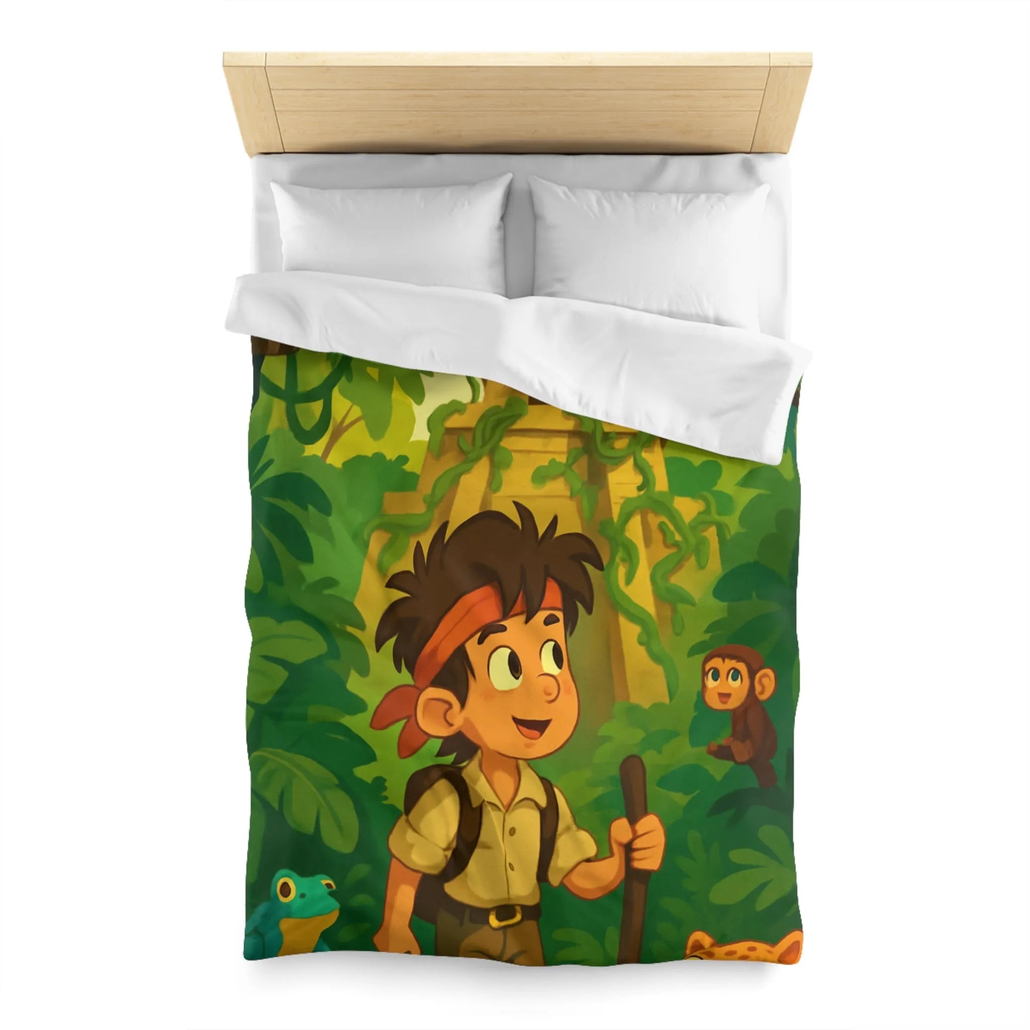 Housse de couette aventure jungle exotique pour chambre d'enfant avec animaux et temple