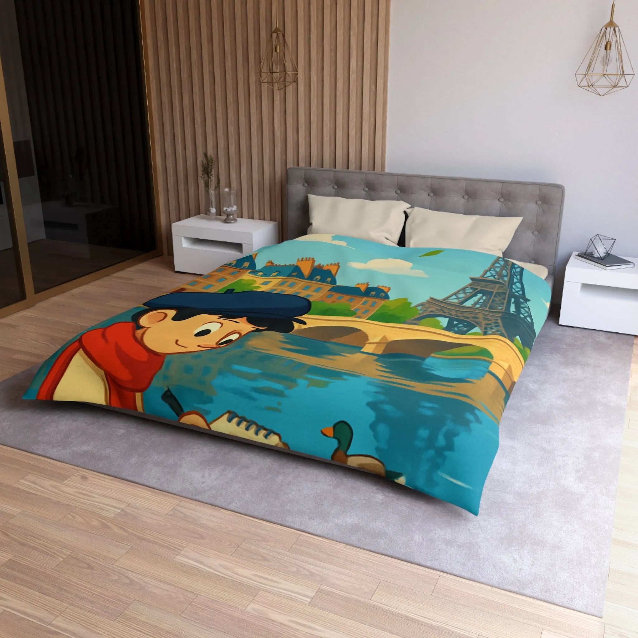 Housse de Couette Artistique Parisienne avec Enfant et Tour Eiffel au Printemps