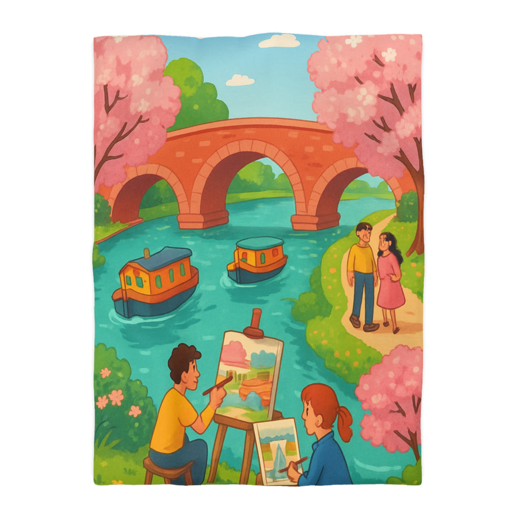 Housse de couette printemps campagne avec paysage pont, arbres en fleurs, artistes peignant