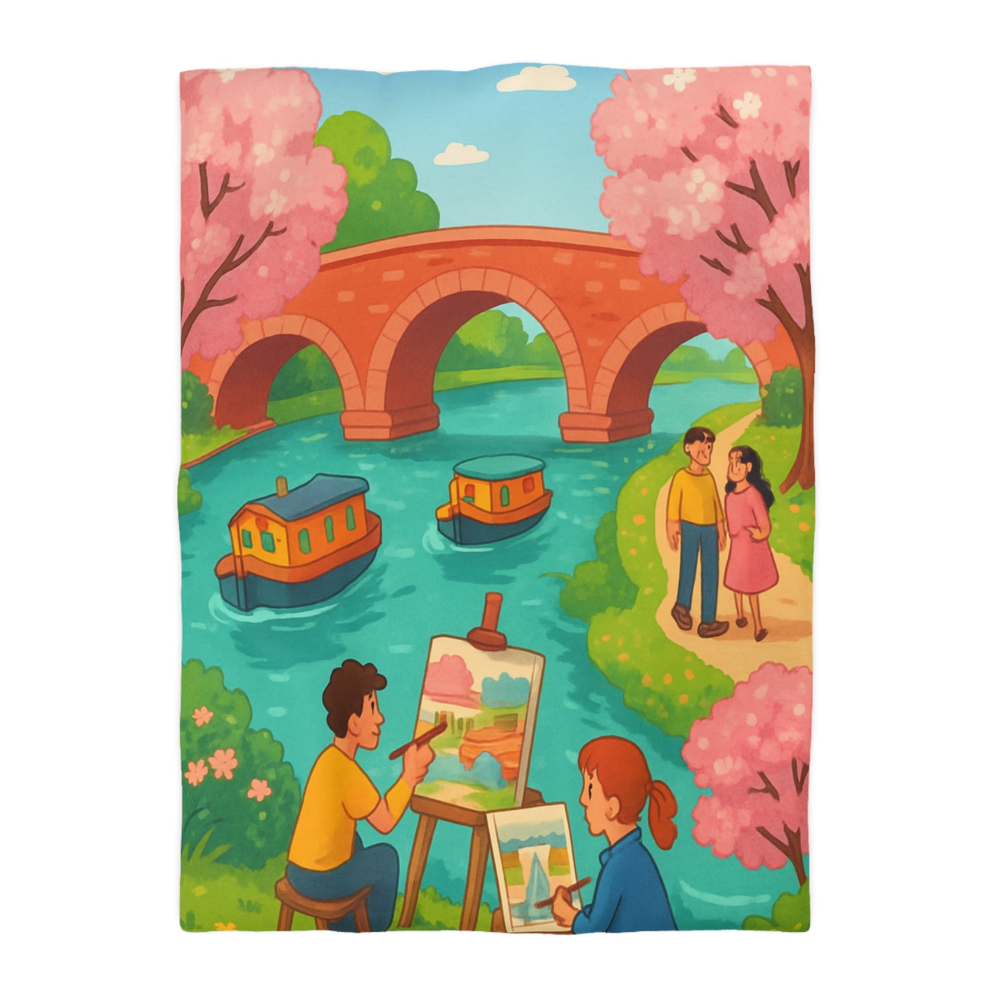 Housse de couette printemps campagne avec paysage pont, arbres en fleurs, artistes peignant