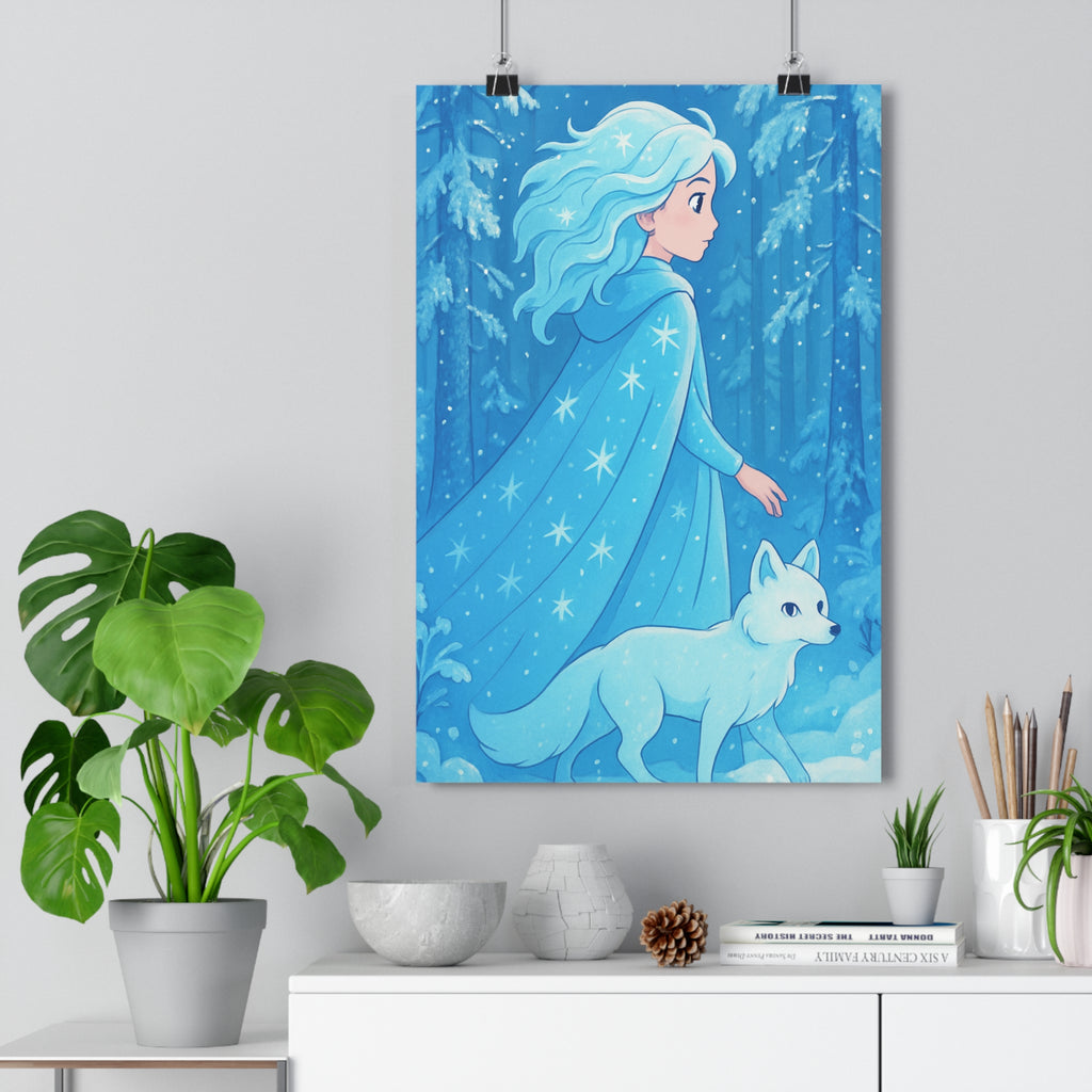 Poster décoratif enfant féerique bleu neige dessin animé magique forêt chambre aventure style 30x46