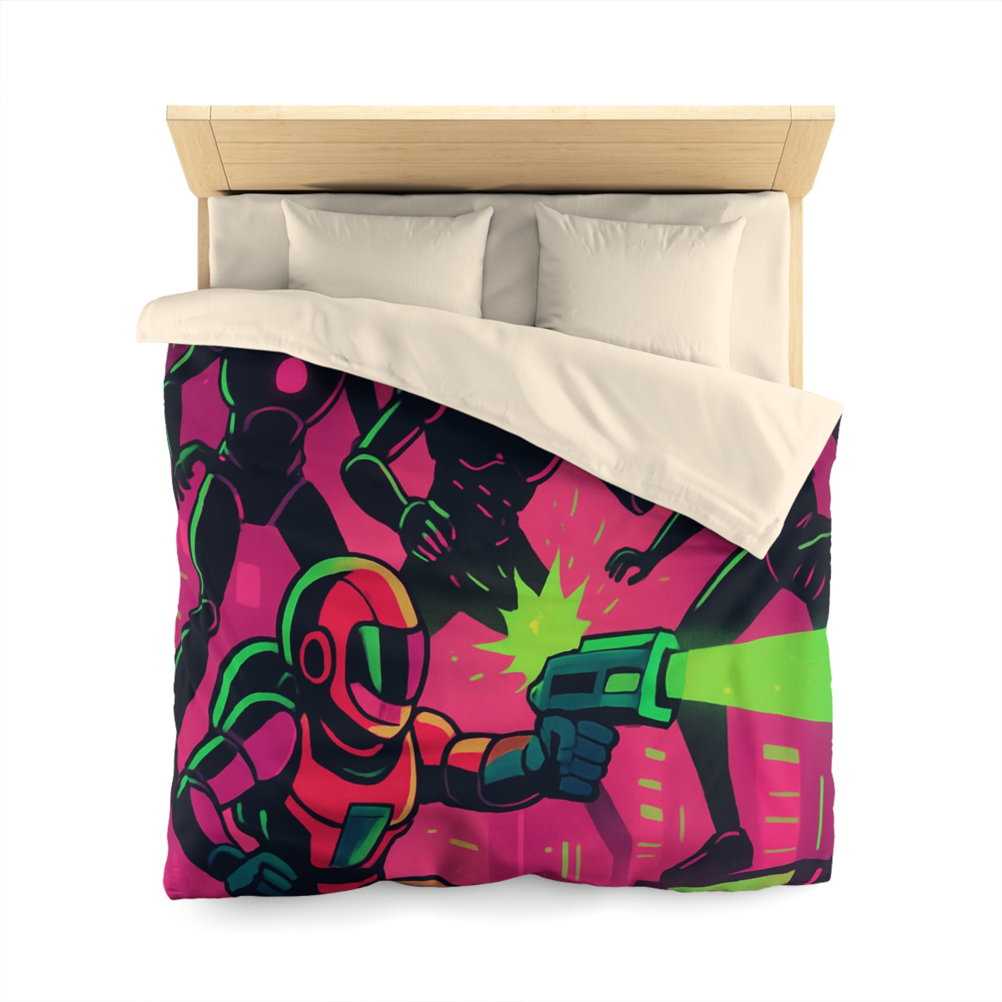 Housse de couette néon futuriste avec combat spatial, designs vifs rétro et cyberpunk