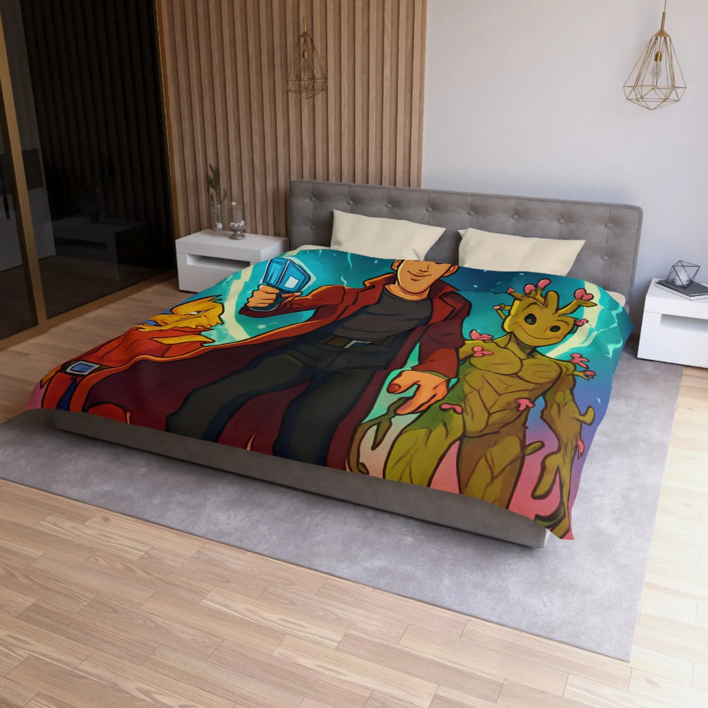 Housse de couette espace avec personnages héroïques colorés et univers rétro futuriste