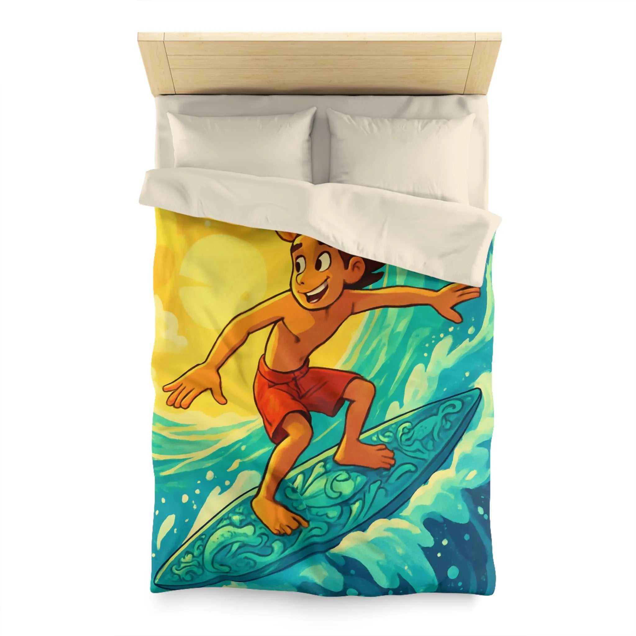 Enfant vibrant surfe sur vague turquoise sous ciel jaune vif artistique et joyeux