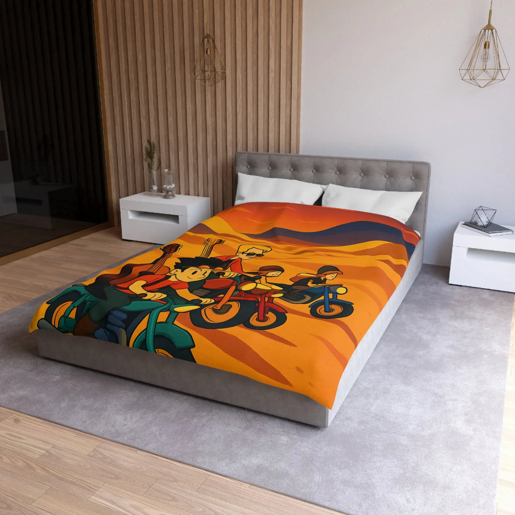 Housse de couette avec aventuriers à moto dans désert vibrant pour chambre unique