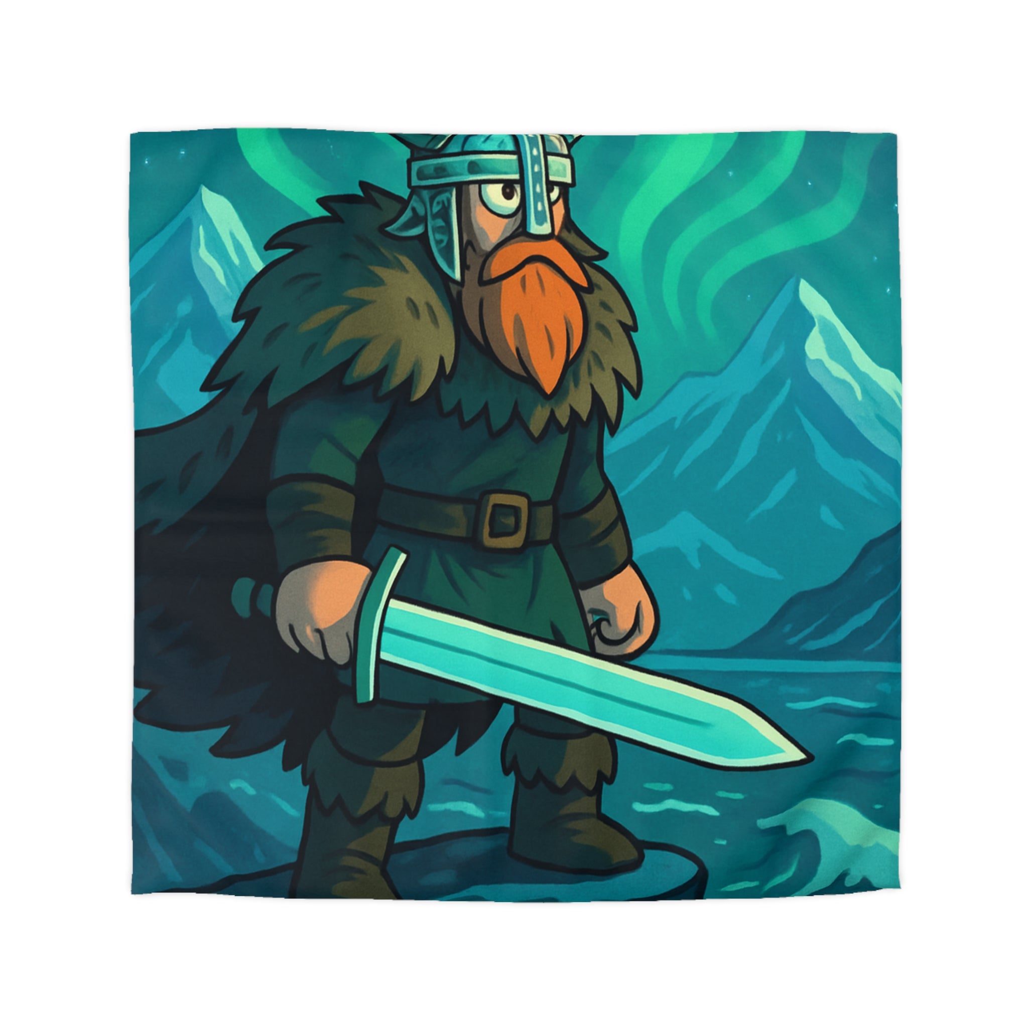 Housse de couette viking avec aurore boréale, montagnes majestueuses et guerrier barbu
