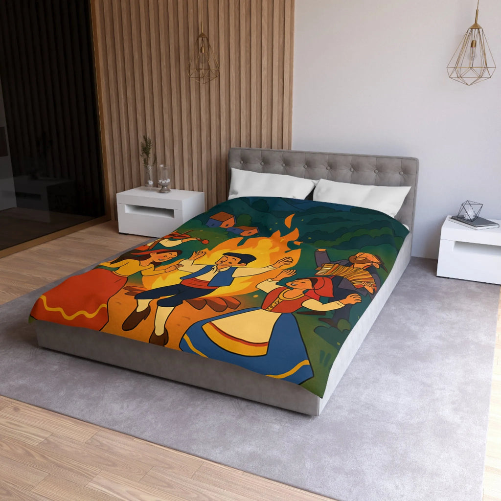 Housse de couette colorée danse folklorique autour du feu avec musiciens traditionnels