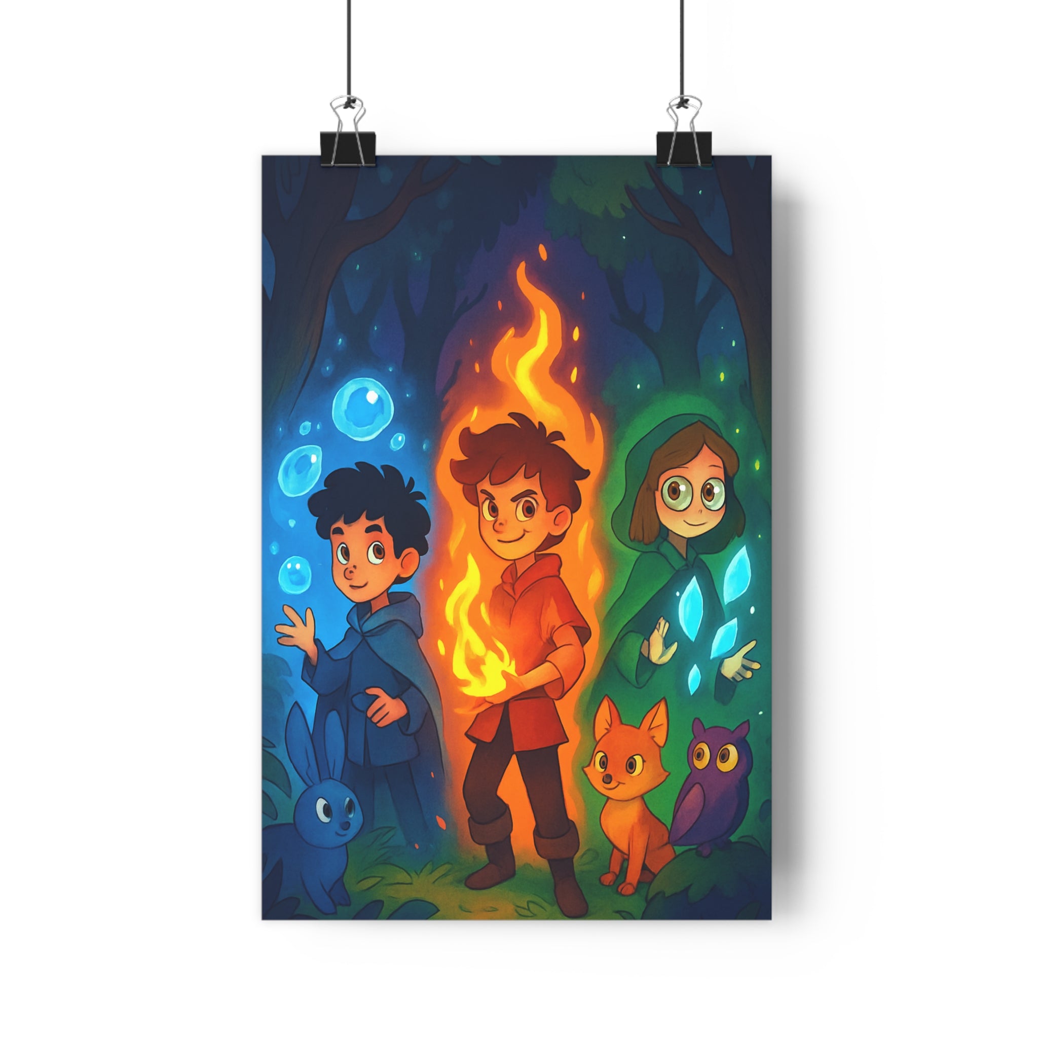 Poster décoratif cartoon mystique bleu rouge vert enfant chambre forêt magique lumineux aventure qualité