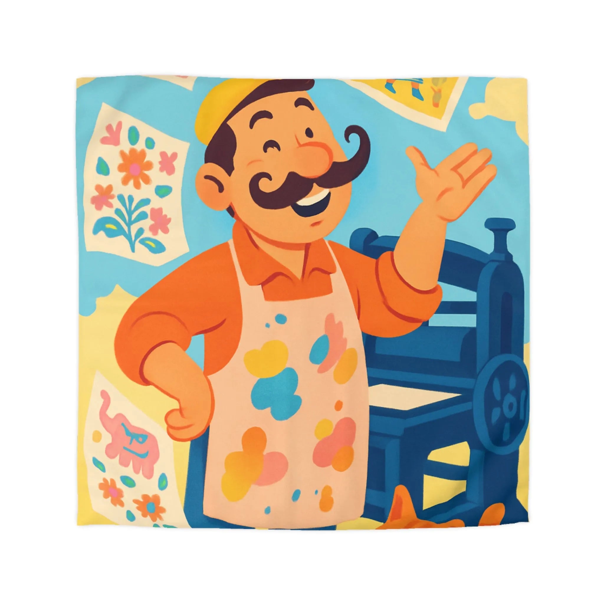 Housse de couette colorée avec artiste moustachu, chat orange et imprimés joyeux