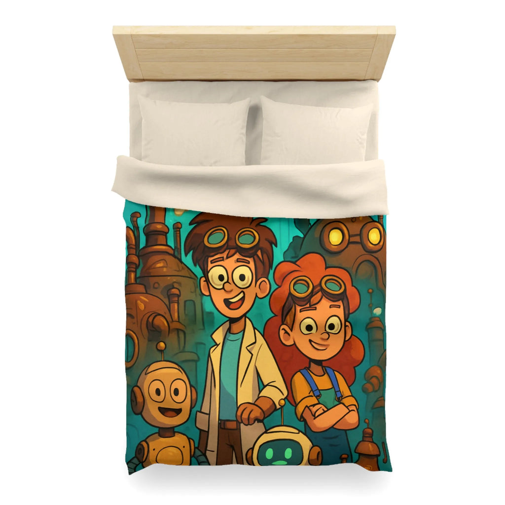 Exploration robotique en atelier steampunk coloré avec jeunes inventeurs et machines futuristes