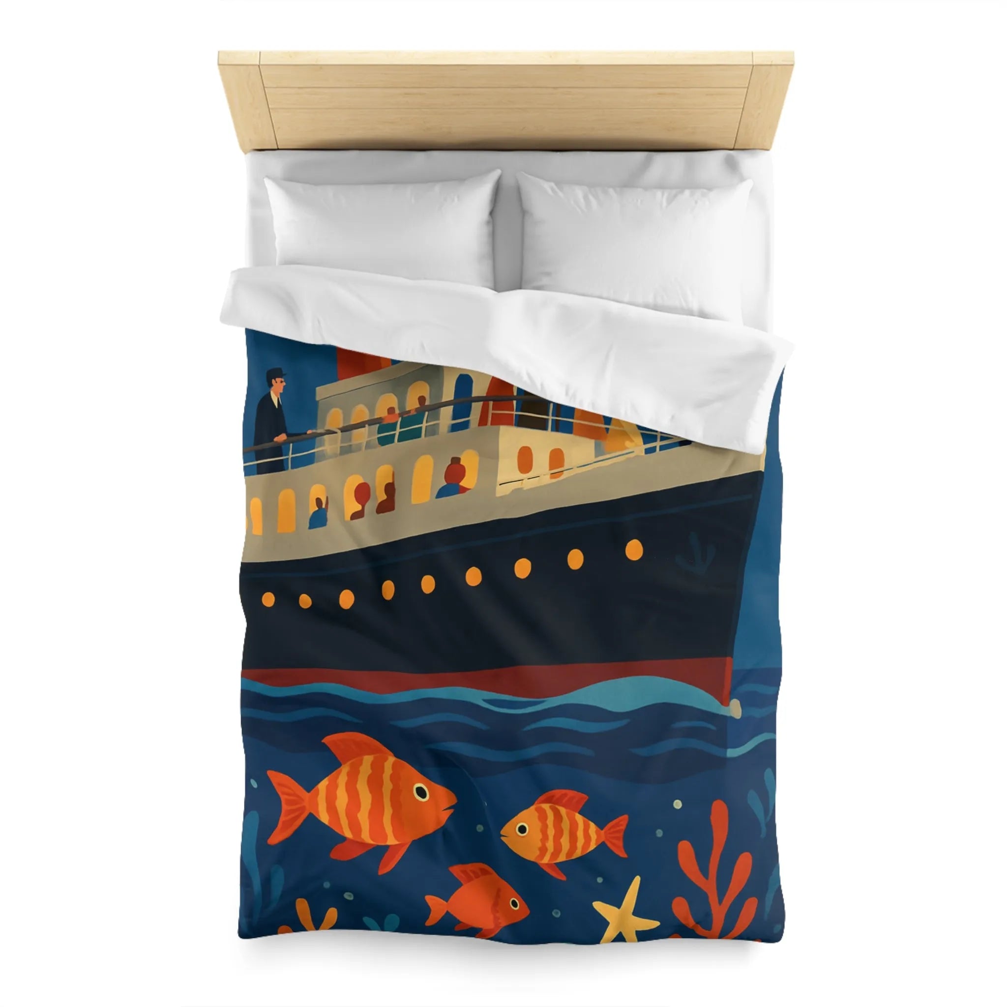 Housse de couette bateau rétro, poissons colorés, ambiance marine, nuit étoilée