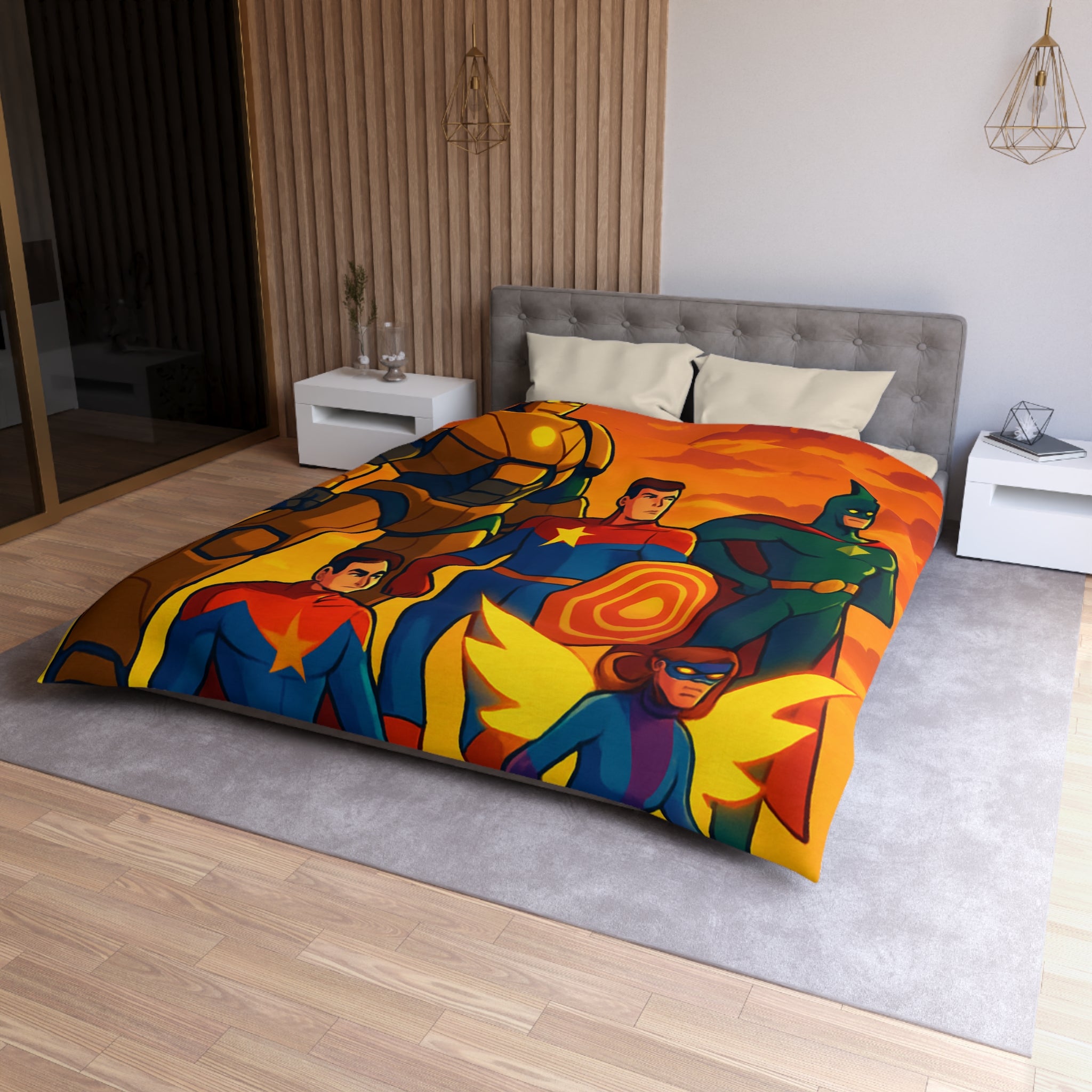 Housse de couette super-héros en costumes colorés avec coucher de soleil épique en arrière-plan