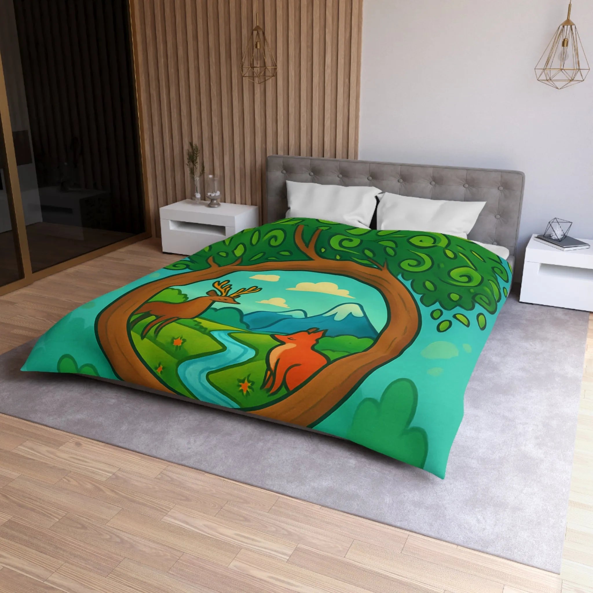 Housse de couette forêt magique avec cerf et renard, design nature peint à la main