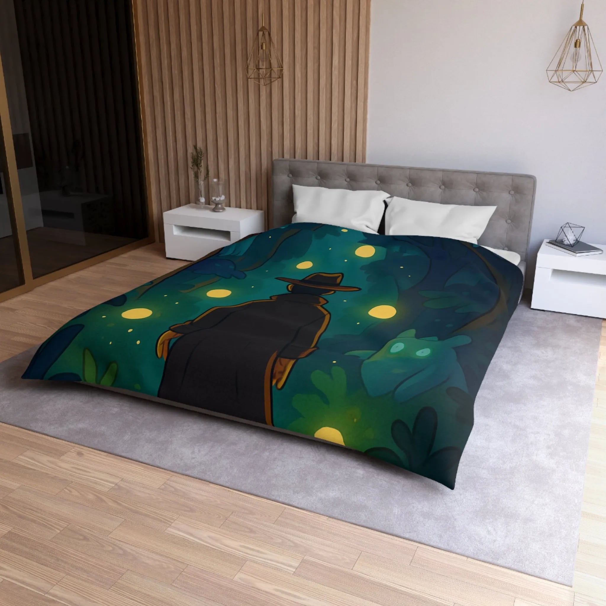 Housse de Couette Forêt Mystique avec Créatures Lumineuses et Promeneur en Chapeau