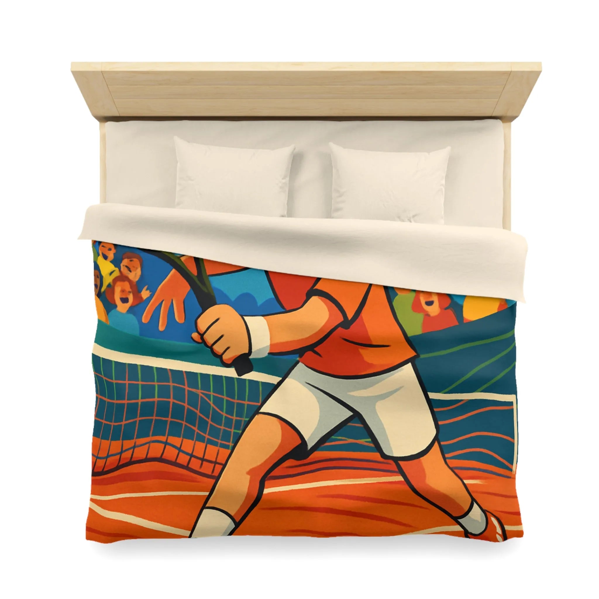 Dessin Animé Joueur de Tennis Dynamique en Action sur Court avec Public Enthousiaste