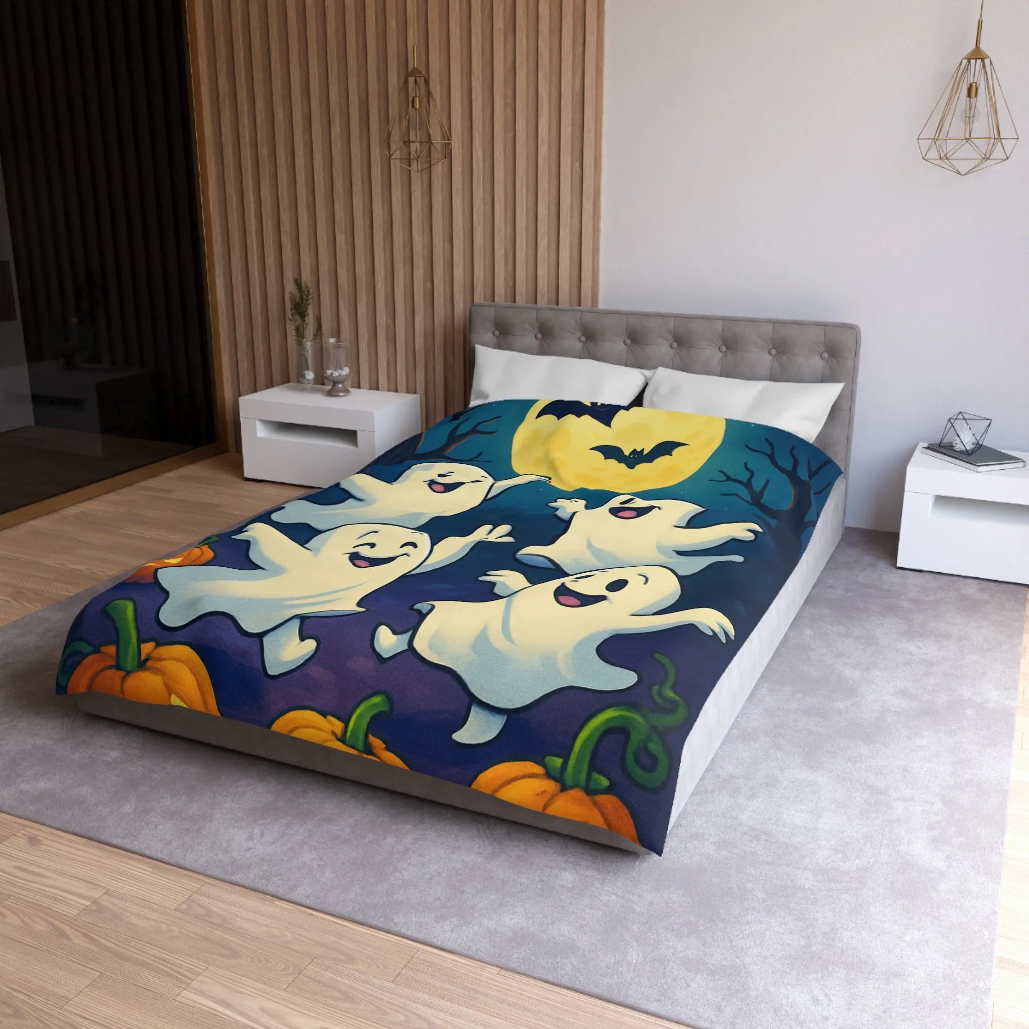 Housse de couette fantaisie avec esprits dansants sous lune et chauves-souris effrayantes