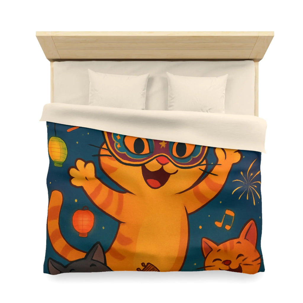 Housse de couette festive avec chats joyeux, feux d'artifice et lanternes colorées