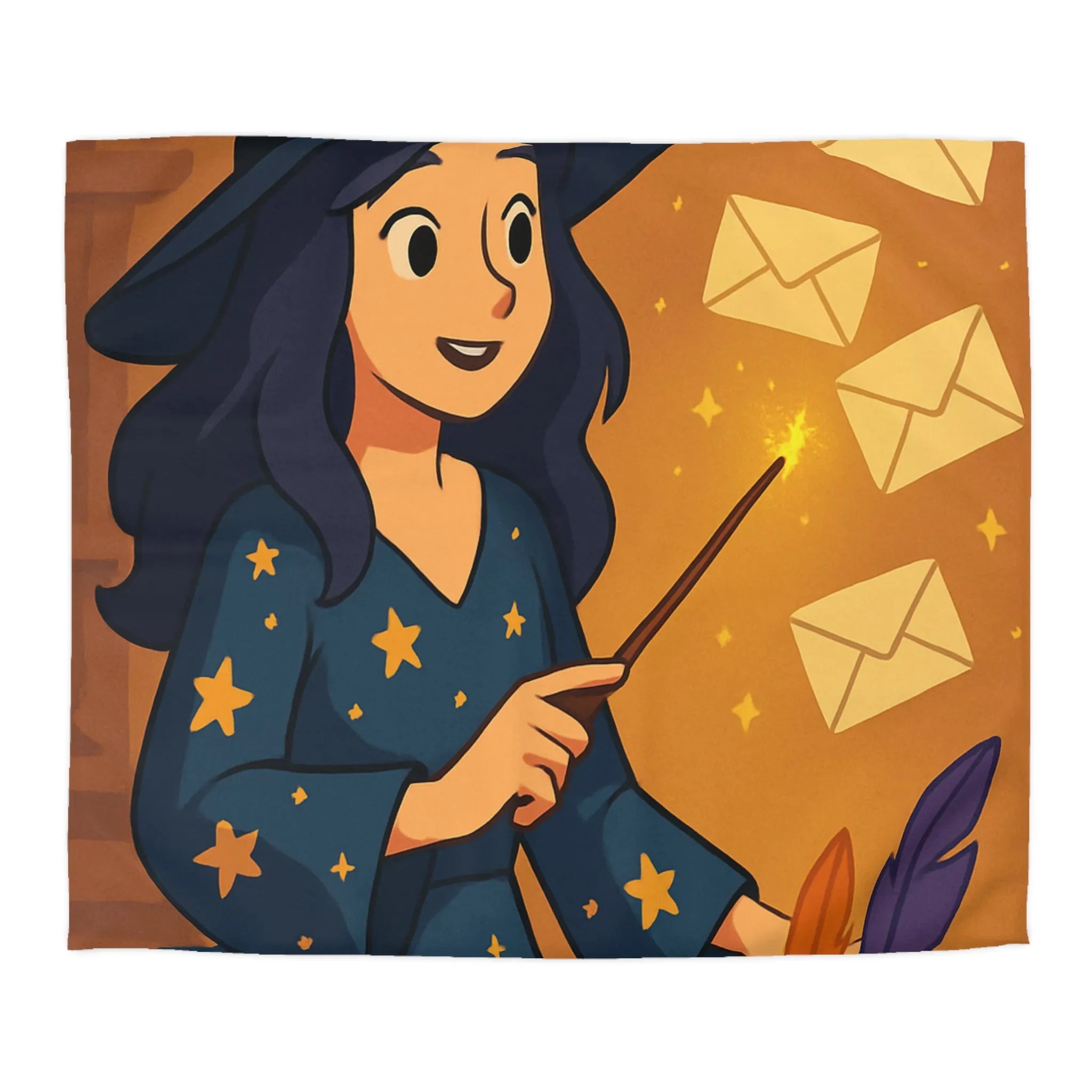 Housse de couette magique avec apprentie sorcière, quill et enveloppes flottantes animées