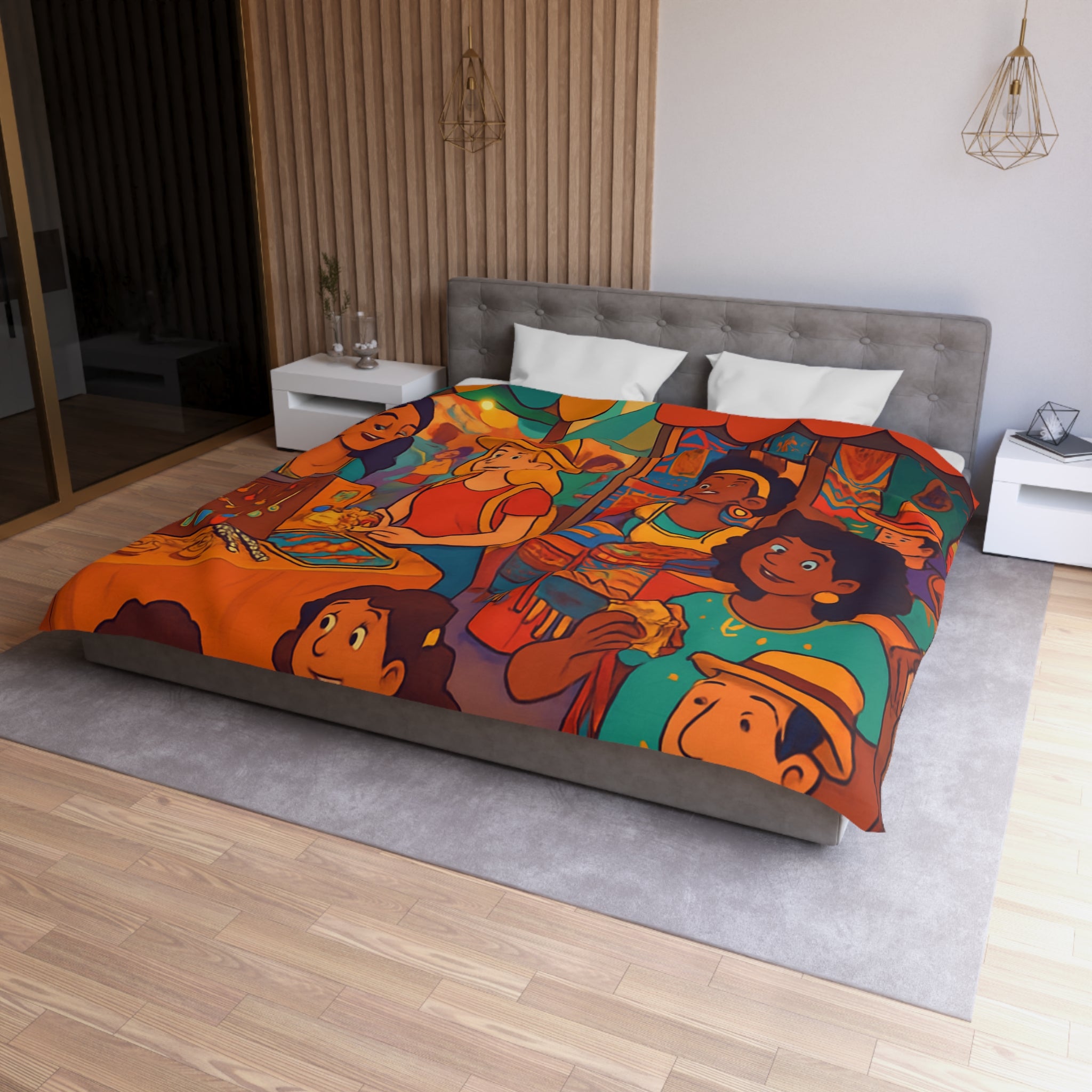 Housse de couette pour enfants avec design marché coloré de nuit animé et festif