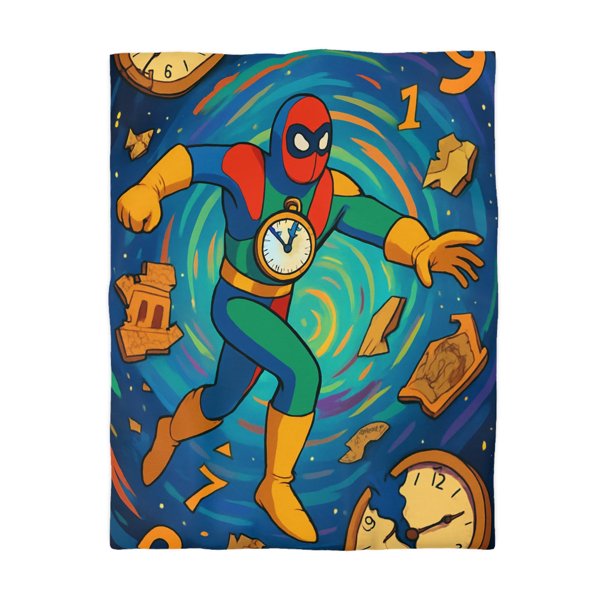 Housse de couette super-héros vibrant voyage temporel horloges flottantes motifs graphiques abstraits colorés