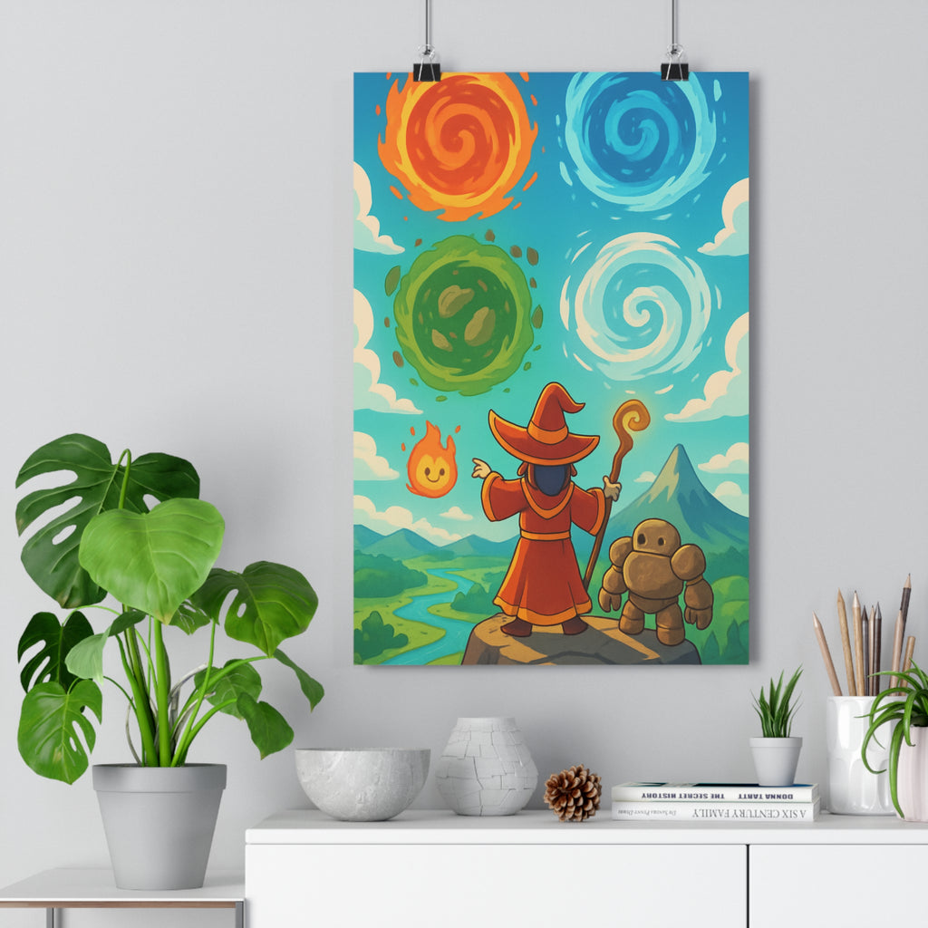 Poster décoratif fantastique vibrant magicien golem orbes élémentaires jeu vidéo chambre salon mystique qualité