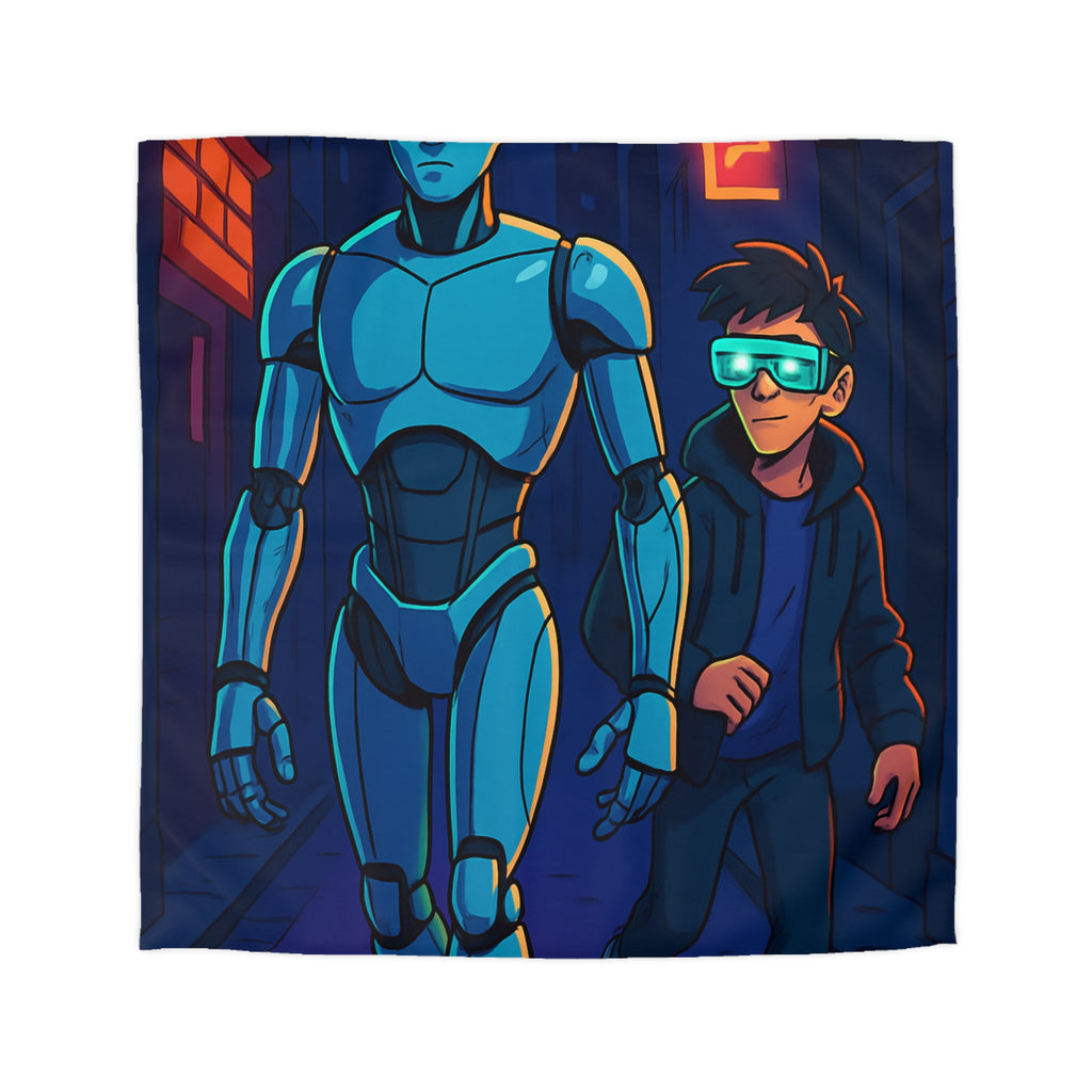 Housse de couette moderne avec illustration néon de robot et jeune avec lunettes lumineuses