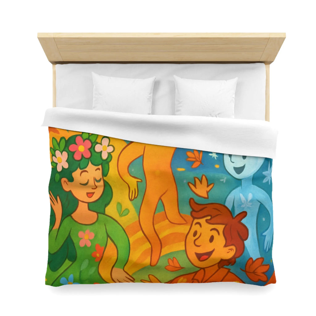 Housse de couette éclatante illustrant les quatre saisons dans un design ludique et coloré